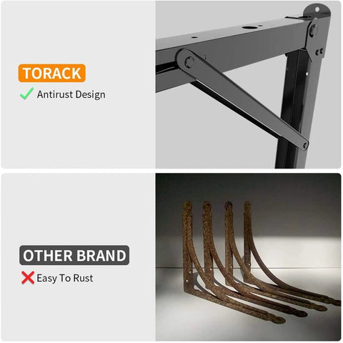 Comparison of Heavy Duty 24 Inch Folding Shelf Brackets Wall Mounted Triangle Hinges with rust-resistant coating and rusted competitors.