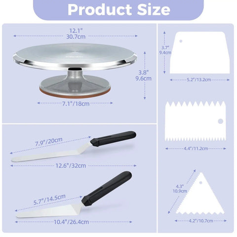 Heavy Duty Aluminum Cake Turntable With Anti Slip Surface Ohuhu 12 Inch Rotating Decorating Stand For Even Icing With Included Spatulas And Comb Smoothers Ideal Gift For Bakers shown with dimensions and included tools.