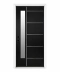 Premium Fiberglass Entry Door With Quick Install Vinyl Frame And True Right Hand Inswing Design featuring sleek black finish and side glass panel.