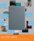 External hard drive with text 'Up to 5TB capacity' surrounded by blurred digital images and folders, emphasizing data storage.