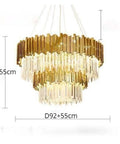 Contemporary Gold Finish K9 Crystal Drop Pendant Light With E14 Socket Straight Hanging Fixture For Kitchen Dining Room Smooth DIY Setup Premium House Vibes, 92cm diameter, 55cm height.