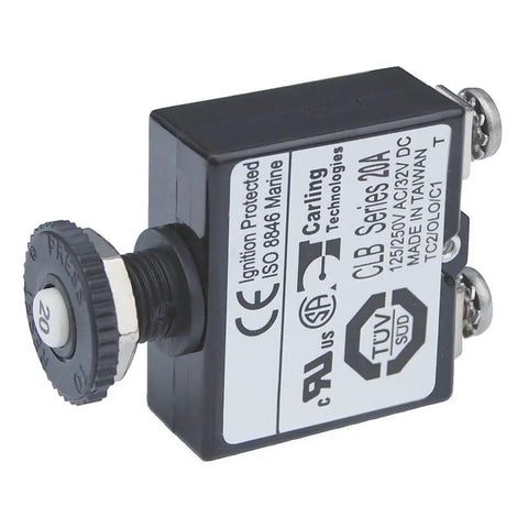 Rock Solid 20 Amp Circuit Breaker With Push Button Reset And Screw Terminal Mount, compact design with quick manual reset feature.
