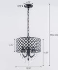 Black Crystal Chandelier Pendant Light Modern Drum Shade With Raindrop Crystals Four Light Hanging Fixture dimensions