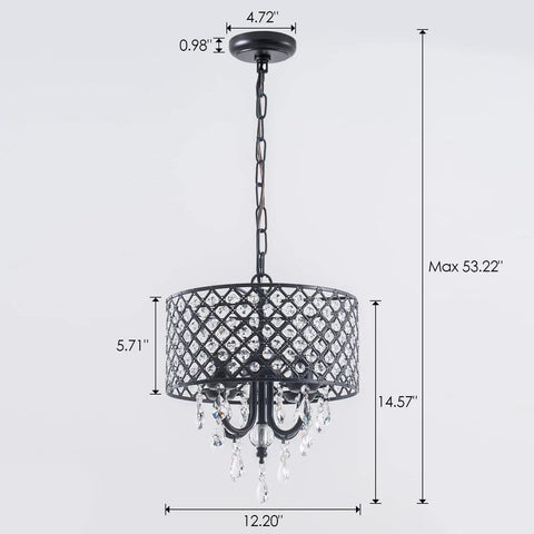 Black Crystal Chandelier Pendant Light Modern Drum Shade With Raindrop Crystals Four Light Hanging Fixture dimensions