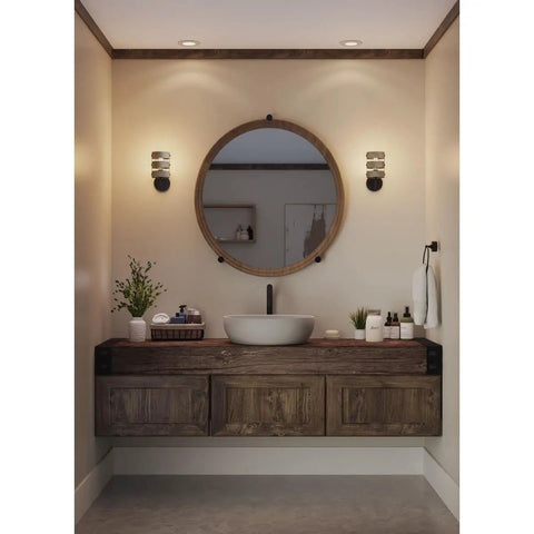 Bathroom with Gulliver Sconce Graphite Finish With Embossed Wood Grain Metal Banding Dual Tone Rustic Modern Farmhouse And Coastal Lighting