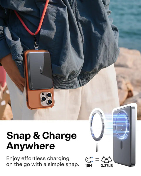 Snag This Ultra Slim Magnetic Wireless Power Bank With 10000mAh Juice And 22.5w Rapid Boost For iPhone 17 16 15 Series in use.