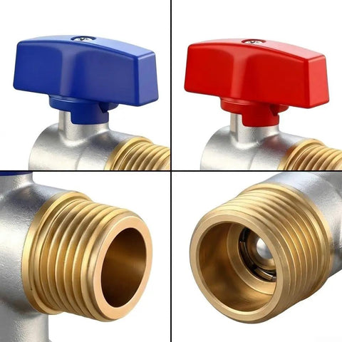 Heavy Gauge 1/2 Inch Brass Angle Stop Valve Built Tough As Nails With A Full Port Design showing blue and red handles, brass fittings.