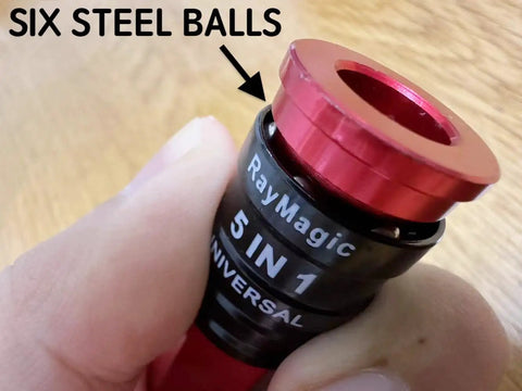 Close-up of Heavy Duty 5 In 1 Universal Quick Industrial Air Coupler With Dead Simple Setup And Knockout Durability For 1/4 Inch Female Npt Air Compressor Fittings Quick Connect Accessory In Bold Red showing six steel balls.