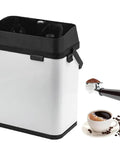 Electric Portafilter Cleaning Station And Knock Box For No Sweat Espresso Ground Disposal with black and white design, compact size.