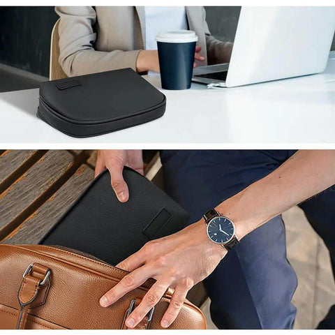 Road Ready Everyday Carry Tech Organizer Bag For Cable Cords And Charger Gear Hard Shell Case in black on table with coffee.
