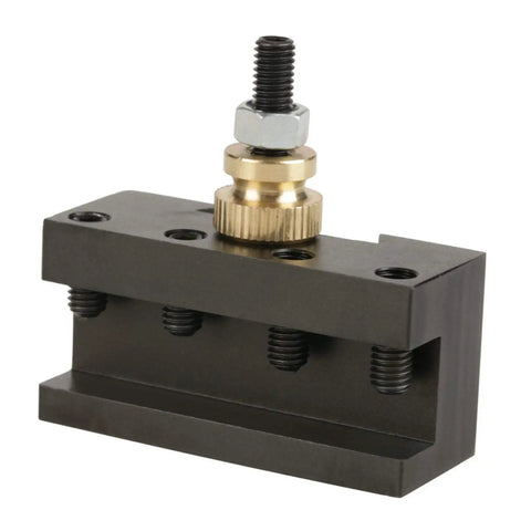 Badass Slick Quick Change Mini Lathe Tool Post Holder with a quick change mounting plate for compact metal lathes.
