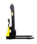 Heavy Duty Electric Thin Leg Pallet Stacker As A No Fuss Heavy Hitter With 2204 Lb Load Capacity and 130 Inch Lift Height side view.