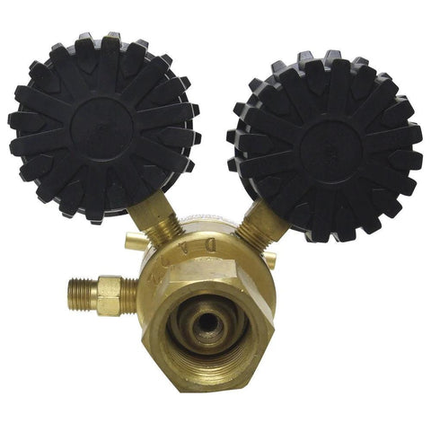 Front view of Uniweld RO100 Centurion Series oxygen regulator with brass body, dual black knob heads, CGA 540 inlet