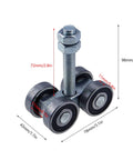 Four Wheel Trolley Assembly For Box Rail Hanger System with dimensions and silent stable rollers visible