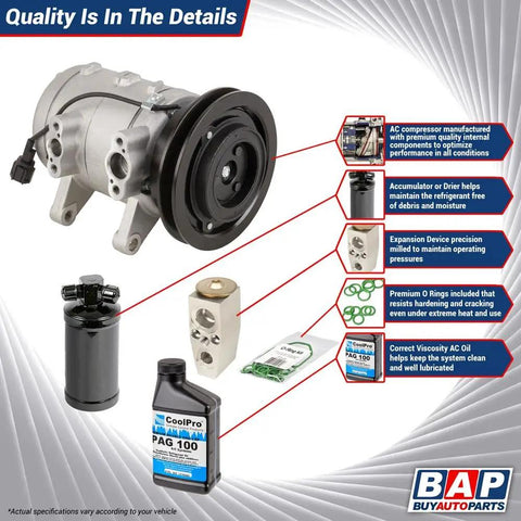 Top Shelf AC Compressor And Cooling Overhaul Kit With Rear Vents For Chevy Tahoe Suburban Avalanche GMC Yukon Sierra Cadillac Escalade Denso 10S showing compressor, accumulator, expansion device, and lubricants.