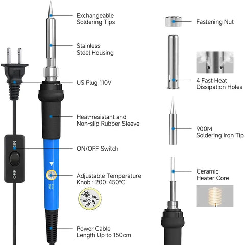 60W Adjustable Temperature Soldering Iron Kit for Electronics and Jewelry Repair, a Must Have for DIYers, 110V Fast Heating Tool, details of components and features including soldering tips, temperature knob, and on/off switch.