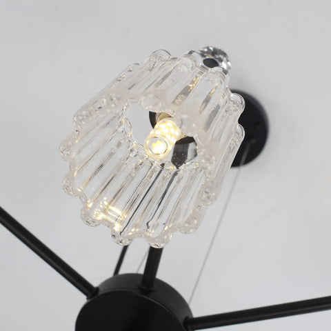 Close-up of glass shade on Farmhouse Chandelier 7 Light Black Pendant Light With Glass Shade Dope Industrial Vintage Hanging Fixture