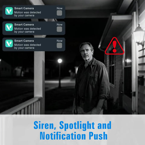 Wireless Outdoor Security Cam System With 2K HD Color Night Vision notifications and alert icons at night outside home