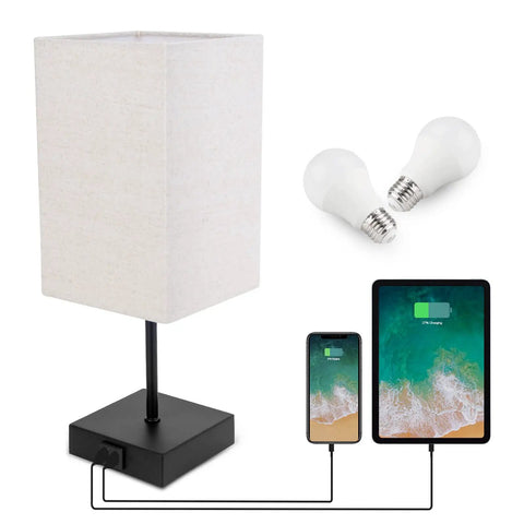 Pair Of Touch Lamps With USB Port And Outlet, 3 Way Dimmable Bedside Lamps with LED Bulbs and devices charging.