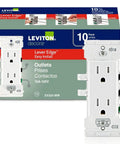 No Sweat 15 Amp Tamper Resistant Duplex Wall Outlet 10 Pack Lever Style Wire Connectors With Bold Color Markings For Rapid Safe Circuit Installations In Crisp Clean White, displaying front and box.