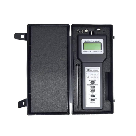 Digital Force Gauge Pro Grade 20Kg Range for Tension and Compression Spring Testing, Push Pull Meter With Peak Hold, High Accuracy and Resolution, Three Display Units, Includes Factory Calibration Certificate, Model FG20KG in carrying case