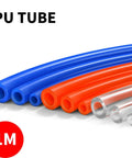 Top Shelf Transparent Polyurethane Air Hose And Pneumatic Tube Pipe For Air Compressor Tubing One Meter Long, flexible hose in blue, orange, and clear.