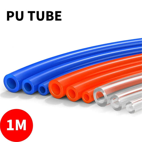 Top Shelf Transparent Polyurethane Air Hose And Pneumatic Tube Pipe For Air Compressor Tubing One Meter Long, flexible hose in blue, orange, and clear.
