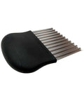 Stainless steel crinkle cutter with black handle; corrugated wavy blade for slicing cucumbers, carrots, and potatoes.