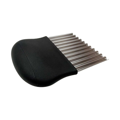 Stainless steel crinkle cutter with black handle; corrugated wavy blade for slicing cucumbers, carrots, and potatoes.