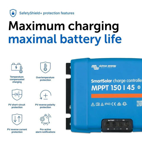 SmartSolar MPPT Charge Controller 150V 45A for Solar Panels featuring protection icons and blue design