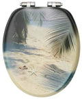 Heavy Duty Dual Pack Toilet Seats Featuring Soft Close Lid with beach scene design, solid MDF build and chrome hinges.