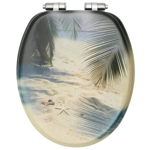 Heavy Duty Dual Pack Toilet Seats Featuring Soft Close Lid with beach scene design, solid MDF build and chrome hinges.