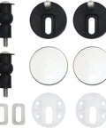 Ultra Soft Flannel Toilet Seat Covers With Quiet Closing Lids parts set, including black and clear fittings for secure installation.