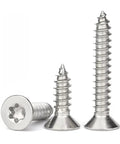 Built Like A Tank 125 Piece Torx Star Drive Flat Head Screw Set Featuring Heavy Duty 304 Stainless Steel For Wood And Sheet Metal Self Tapping Design With T20 Driver Bit Top Shelf Multipack. Three stainless screws displayed, showing different sizes and flat heads.