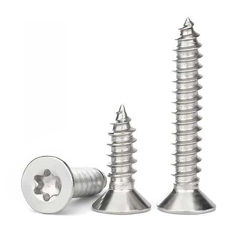 Built Like A Tank 125 Piece Torx Star Drive Flat Head Screw Set Featuring Heavy Duty 304 Stainless Steel For Wood And Sheet Metal Self Tapping Design With T20 Driver Bit Top Shelf Multipack. Three stainless screws displayed, showing different sizes and flat heads.