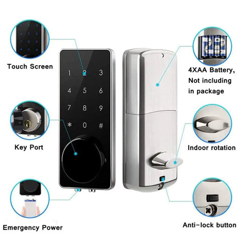 Heavy Duty Smart Door Lock With Smooth Touch Screen Keypad And Plug And Play Keyless Entry Kit showing detailed features and functions.