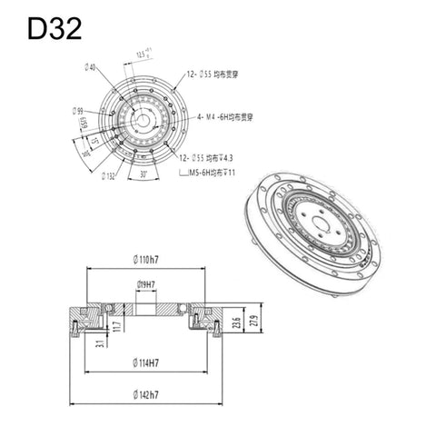 High Precision WXD32 Harmonic Reducer For Industrial Robot Manipulator Arm Joint Hollow Transmission technical diagram with measurements.