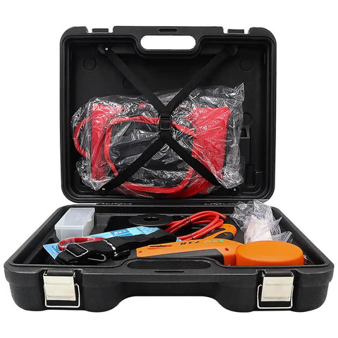No Sweat Battery Powered Electric Plant Twist Tie Machine For Rapid Trellising And Crop Training Heavy Duty Hand Held Grower Tool For Vineyards inside black case with accessories.