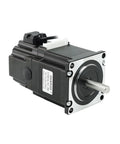 Front view of a NEMA 23 stepper motor with mounting flange, black housing, silver faceplate, and protruding shaft.