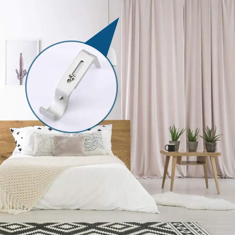 Heavy Duty Adjustable Curtain Rod Brackets For 1 Inch Rods, Silver Color, Set Of 2, shown in a modern bedroom setting