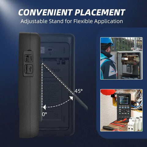Side view of 3 In 1 Handheld Oscilloscope With 40 MHz 2 Channel Automatic Digital Oscilloscope with adjustable stand.