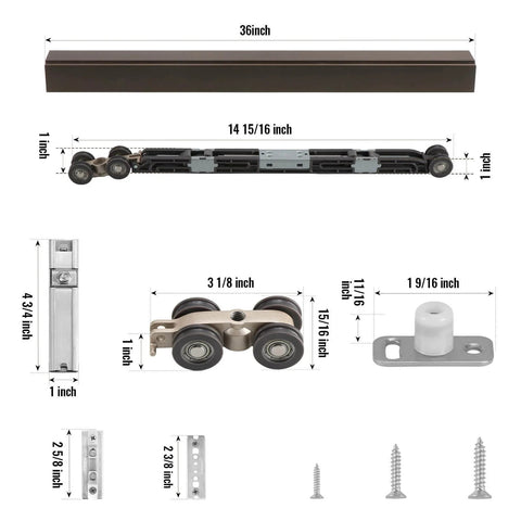 72 Inch Pocket Door Hardware Kit With Soft Close, Heavy Duty Aluminum Track, various components and measurements displayed