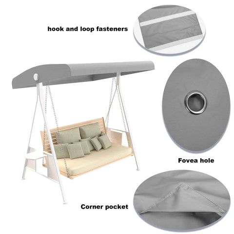 Outdoor Swing Canopy Replacement Cover For 3 Seat Gray Waterproof Swing Covers Universal Fit showing details and attachments.