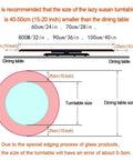 Diagram showing recommended sizes for a Tempered Glass Lazy Susan Turntable For Dining Tables, indicating 15-20 inches smaller than table.