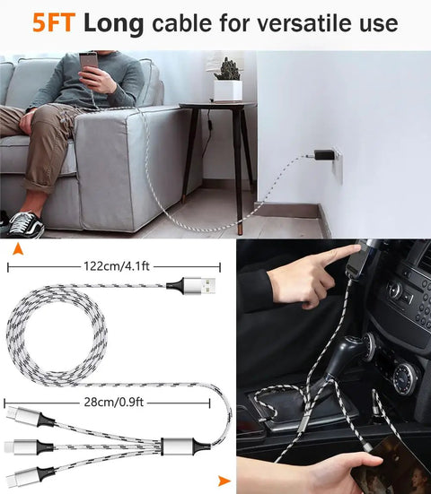 3 in 1 USB Charging Cable Set, 5 ft Nylon Braided Multi Charger Cable, 3 Pack Universal Type C Micro USB USB A Connectors for Phones, Tablets, and More, Fast Charge, Travel Ready, Shareable Cord in home and car use