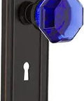 Mission Plate Waldorf Cobalt Door Knob Set In Timeless Bronze Finish with crystal cobalt knob and keyhole on forged brass plate