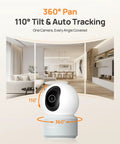 4K UHD Indoor Security Camera For Pets And Baby With Phone App 360 Degree Pan Tilt Dual Band Wi Fi 6 Auto Tracking shown in living room