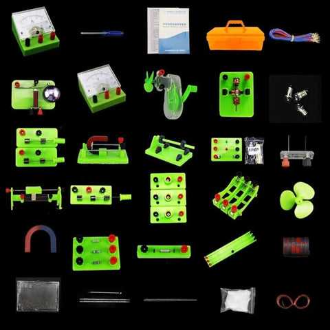 Hands On Circuit Experiment Kit components with doorbell, solar cell, electromagnet, copper needles, and assembly tools.