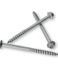 Strong-Drive SD Connector Screw Number Nine 1-1/2 Inch Quarter-In Hex Drive Mechanical Galvanized 500-Count Replaces Nails In Specific Connectors And Is The Only Screw Approved For That Application, three screws, close-up of hex screw head.