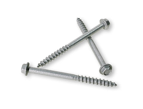 Strong-Drive SD Connector Screw Number Nine 1-1/2 Inch Quarter-In Hex Drive Mechanical Galvanized 500-Count Replaces Nails In Specific Connectors And Is The Only Screw Approved For That Application, three screws, close-up of hex screw head.
